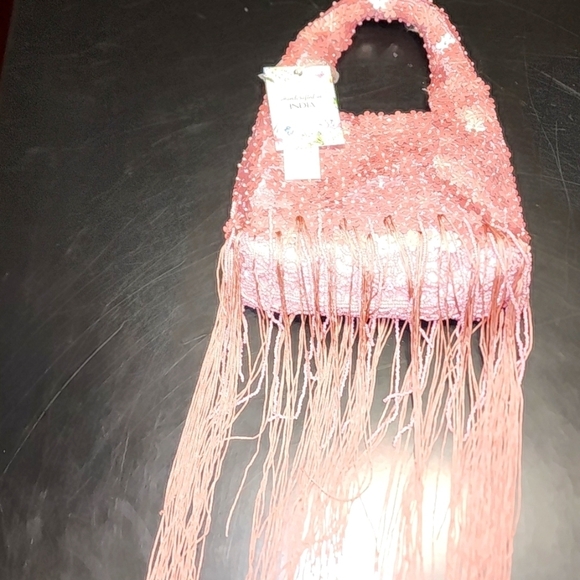 Handcrafted In India Pink Beaded Purse With Fringe And Flower Shapes Sequence - Picture 8 of 8